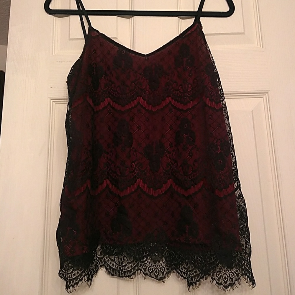 SMALL Red cami with black lace overlay